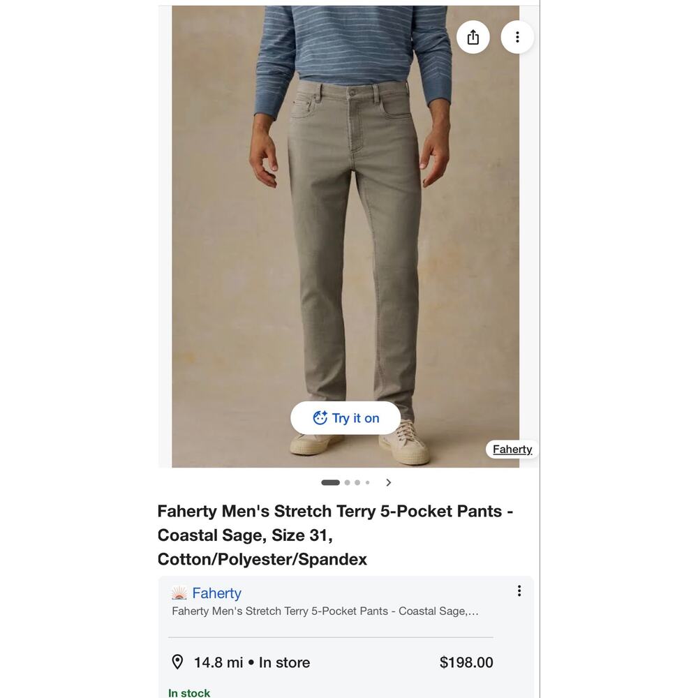 Faherty Men's Stretch Terry 5-Pocket Pants - Coastal Sage size 35